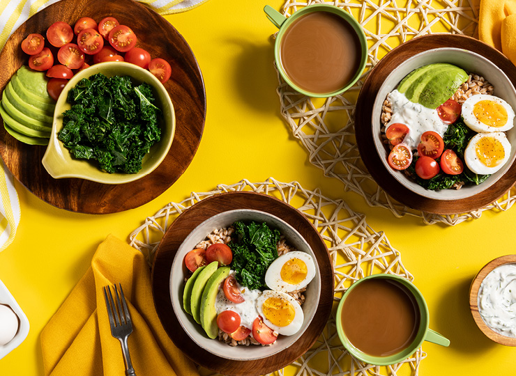 Eggs, Avocadoes, Coffee breakfast
