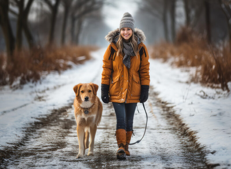 woman walking her dog in winters